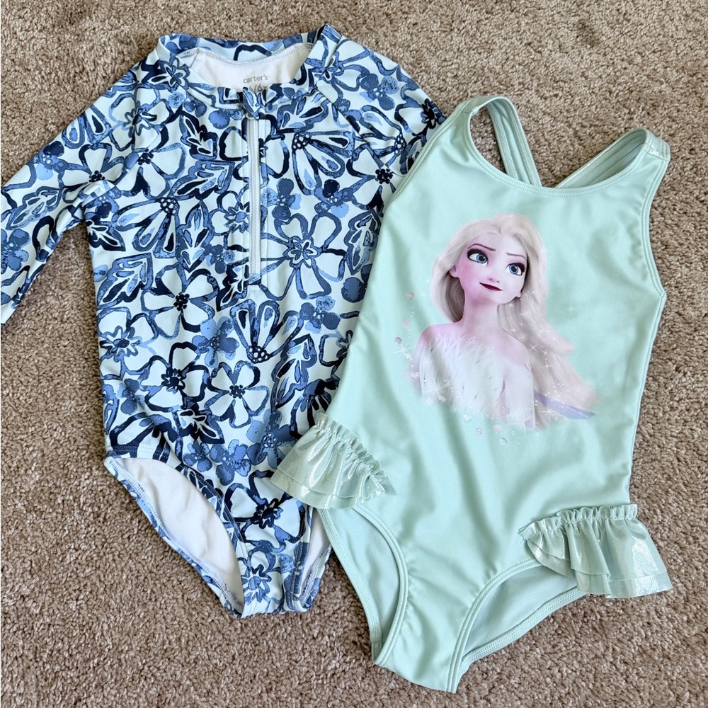 Kids Swimsuits, set of 2, 6T, Frozen Elsa and Floral Long Sleeve, Gap & Carter’s